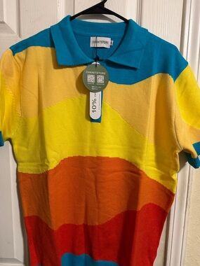 OXKNITSTORE Men's Multicolor Stripe Polo - Blue, Yellow, Orange, Red